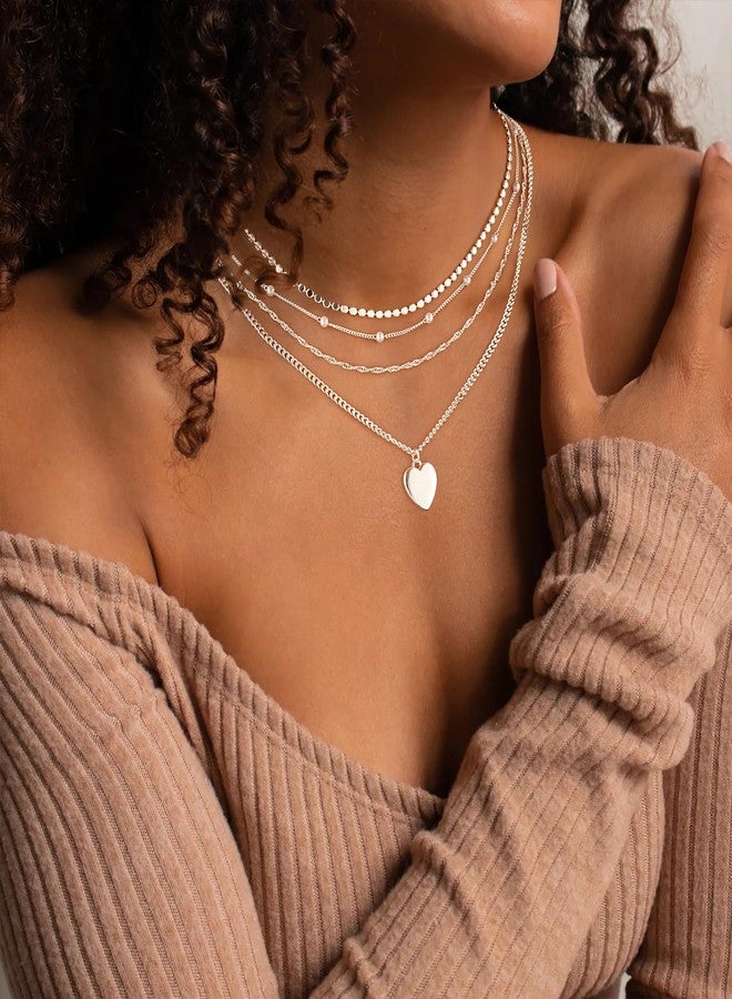 MFRYK Silver Necklaces Stack For Women,Sterling Silver Plated Simple Layered Choker Necklaces For Women,Stackable Multilayer Silver Cuban Peach Heart Pendant Wave Chain Sparkle Dot Choker Chain Small Pearl Layering Necklaces Set For Women Jewelry Gift for Women - Image 4
